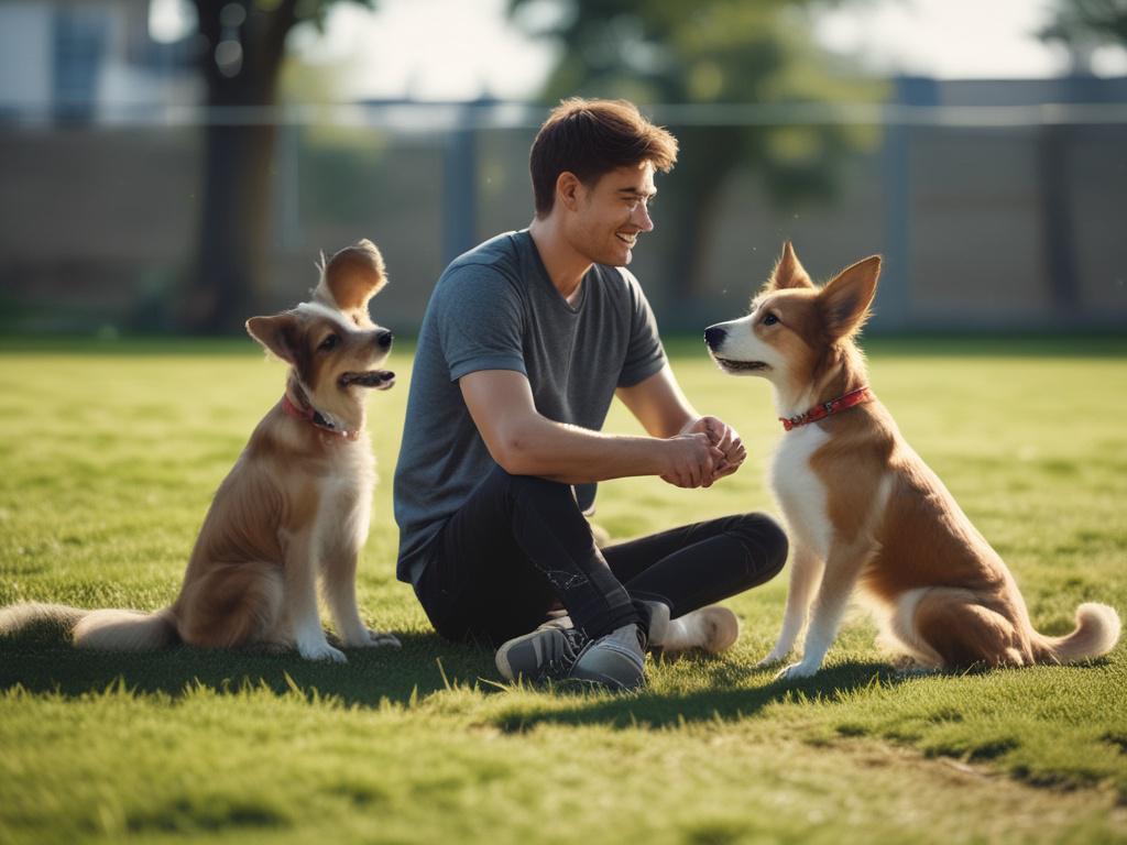 a close-up shot of a dog sitting obediently next to its owner in a training session, outdoor setting, natural light, hyper-realistic, shot with a 45mm f/1.2 lens