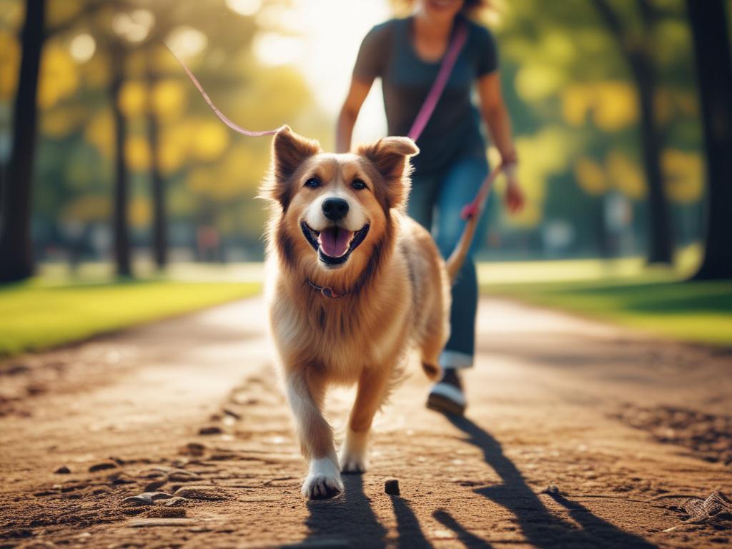 a close-up shot of a happy dog being walked by a trainer in a park, bright colors, nature background, hyper-realistic, shot with a 45mm f/1.2 lens