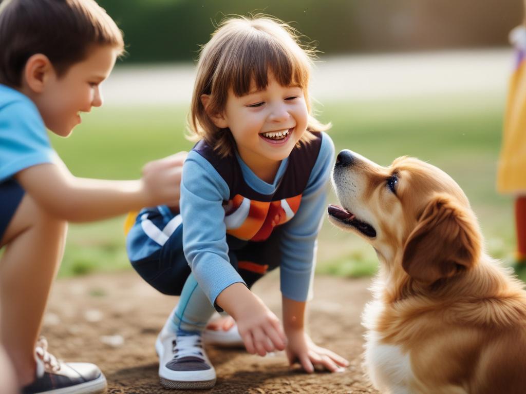 a close-up shot of a playful puppy interacting with children in a training environment, bright colors, joyful atmosphere, hyper-realistic, shot with a 45mm f/1.2 lens