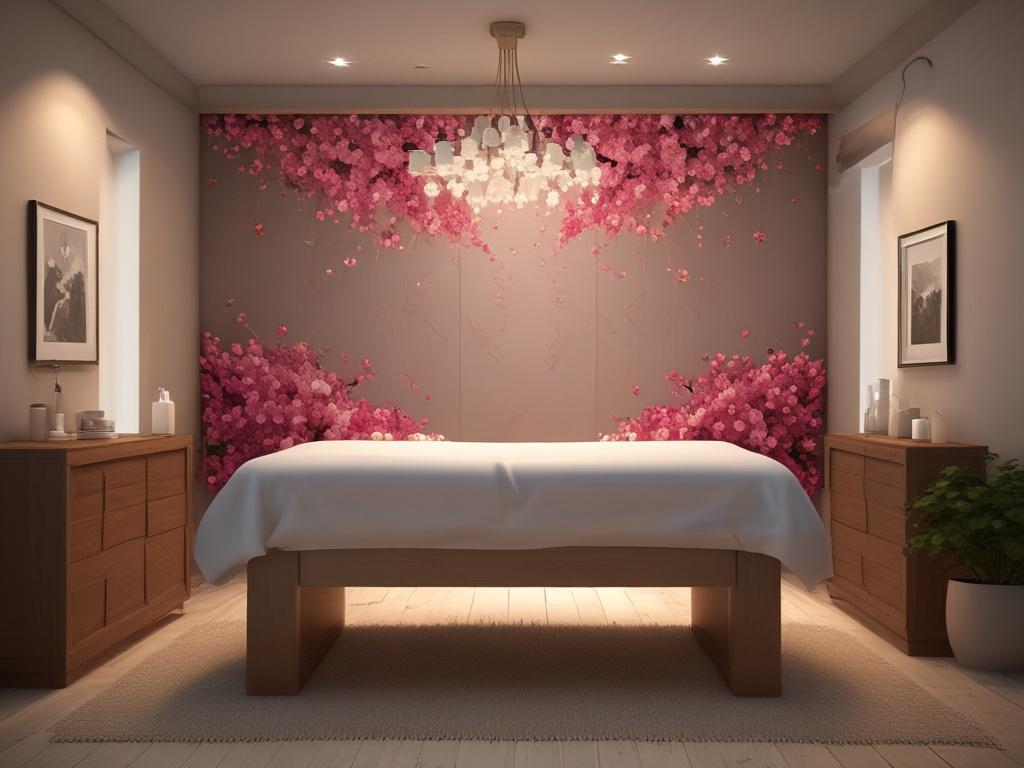 A serene massage room featuring soft, ambient lighting and a
