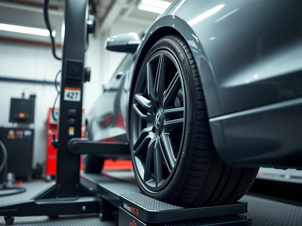A close up shot of a car's wheel being aligned