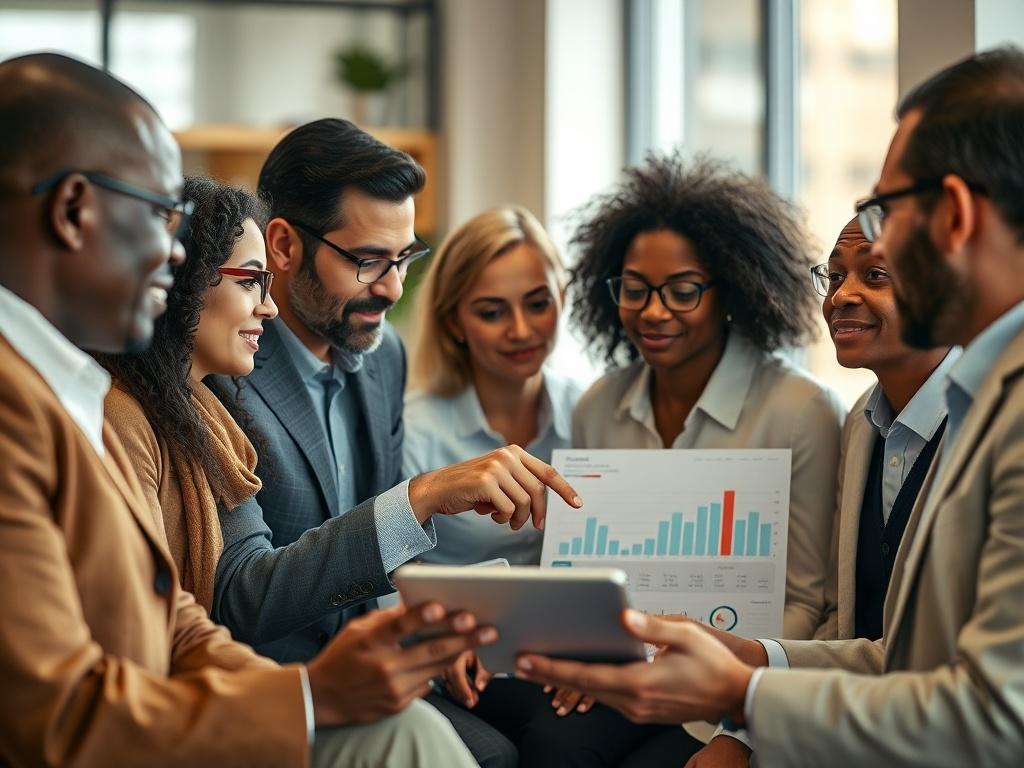 A close-up shot of a diverse group of financial advisors in a warm, inviting office environment. The advisors, representing various backgrounds, are engaged in a thoughtful discussion, with one person pointing at a financial chart on a laptop. The background is softly blurred, emphasizing the human connection and teamwork. The lighting is bright and welcoming, creating a sense of trust and assurance. The colors are in harmony with the primary color rgb(50, 170, 39).