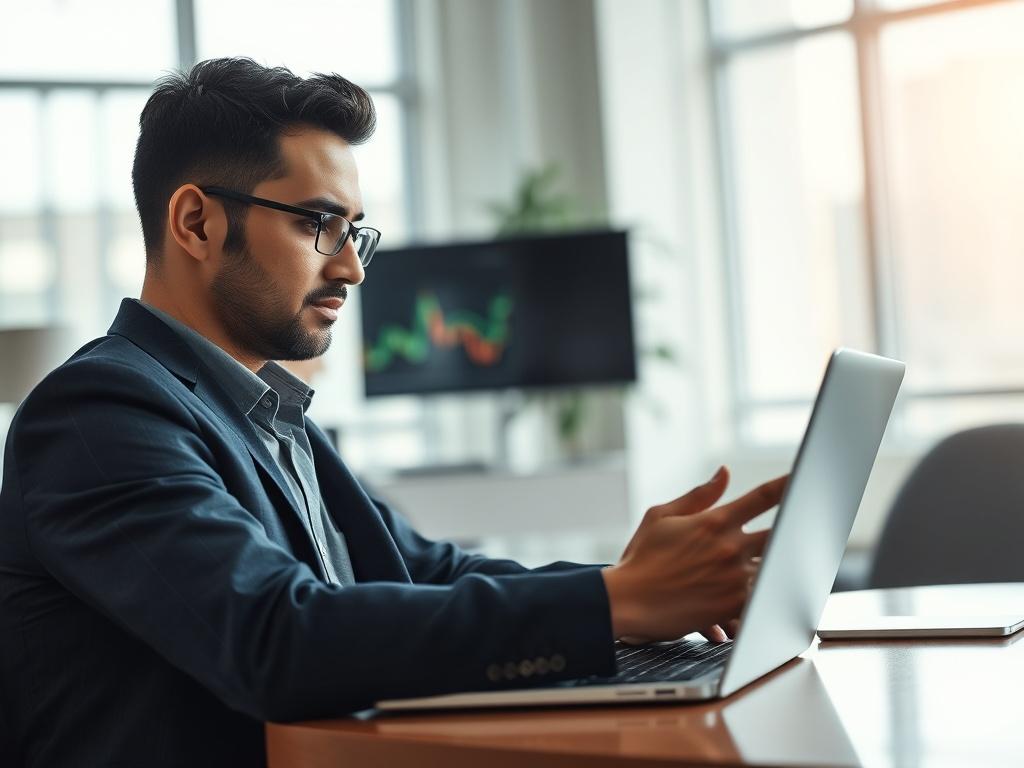 A close up shot of a financial analyst reviewing stock