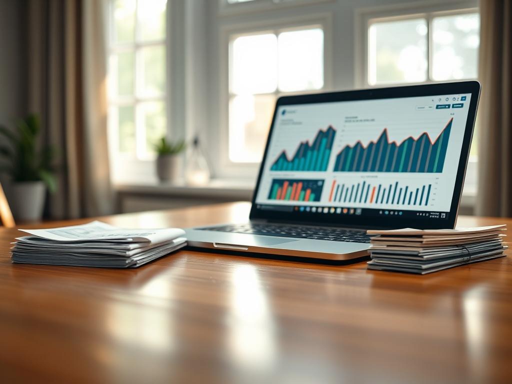 Create a realistic high-resolution photo focusing on a single subject: a polished wooden desk with an open laptop displaying a financial app. The laptop screen should show a colorful graph indicating upward trends and portfolio performance for added detail. Place a neatly stacked pile of financial documents next to the laptop, with charts and figures visible. In the background, subtle but inviting elements should include a soft-focus window with natural light streaming in, creating a warm and reassuring atm