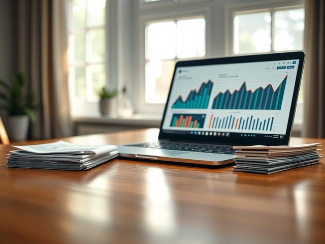 Create a realistic high-resolution photo focusing on a single subject: a polished wooden desk with an open laptop displaying a financial app. The laptop screen should show a colorful graph indicating upward trends and portfolio performance for added detail. Place a neatly stacked pile of financial documents next to the laptop, with charts and figures visible. In the background, subtle but inviting elements should include a soft-focus window with natural light streaming in, creating a warm and reassuring atmosphere. The color palette should consist of natural wood tones and calming greens, aligning with the RGB color (50, 170, 39) to evoke growth and financial success. The overall composition should be simple and clear, inviting viewers to discover how to free trapped capital from stagnant portfolios.