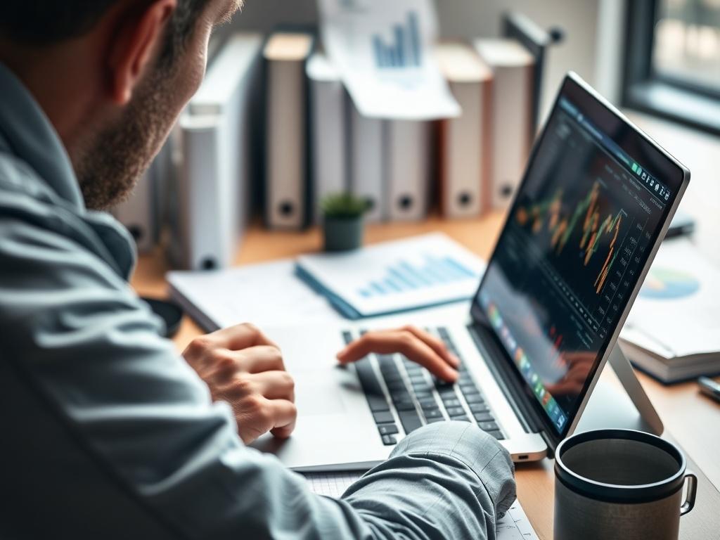 A close-up shot of a financial analyst working on a laptop, analyzing graphs and charts on the screen. The focus is on the analyst's intense concentration and the detailed data displayed. The background features a well-organized workspace with financial books and notes, illustrating a dynamic and productive environment.