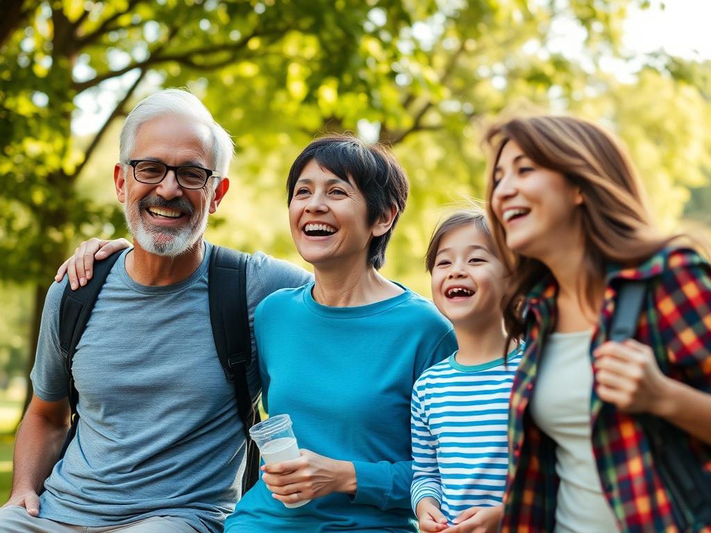 A close-up shot of a happy family enjoying time together in a park, symbolizing the time and freedom gained through effective financial management. The background includes lush greenery and a bright sky, creating a joyful and uplifting atmosphere.