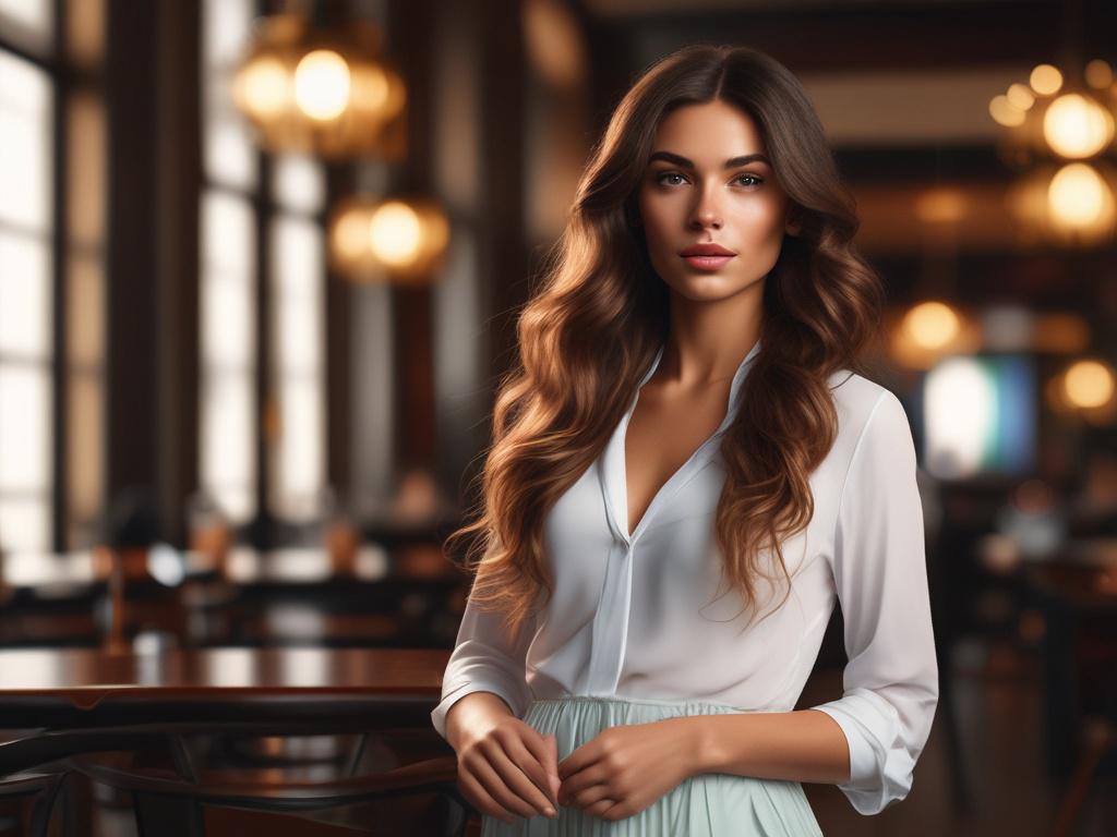 A captivating young woman with long wavy hair, dressed elegantly