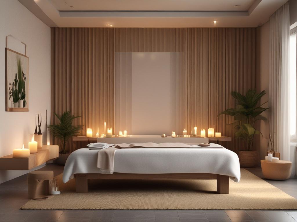 A serene spa setting featuring a massage table adorned with