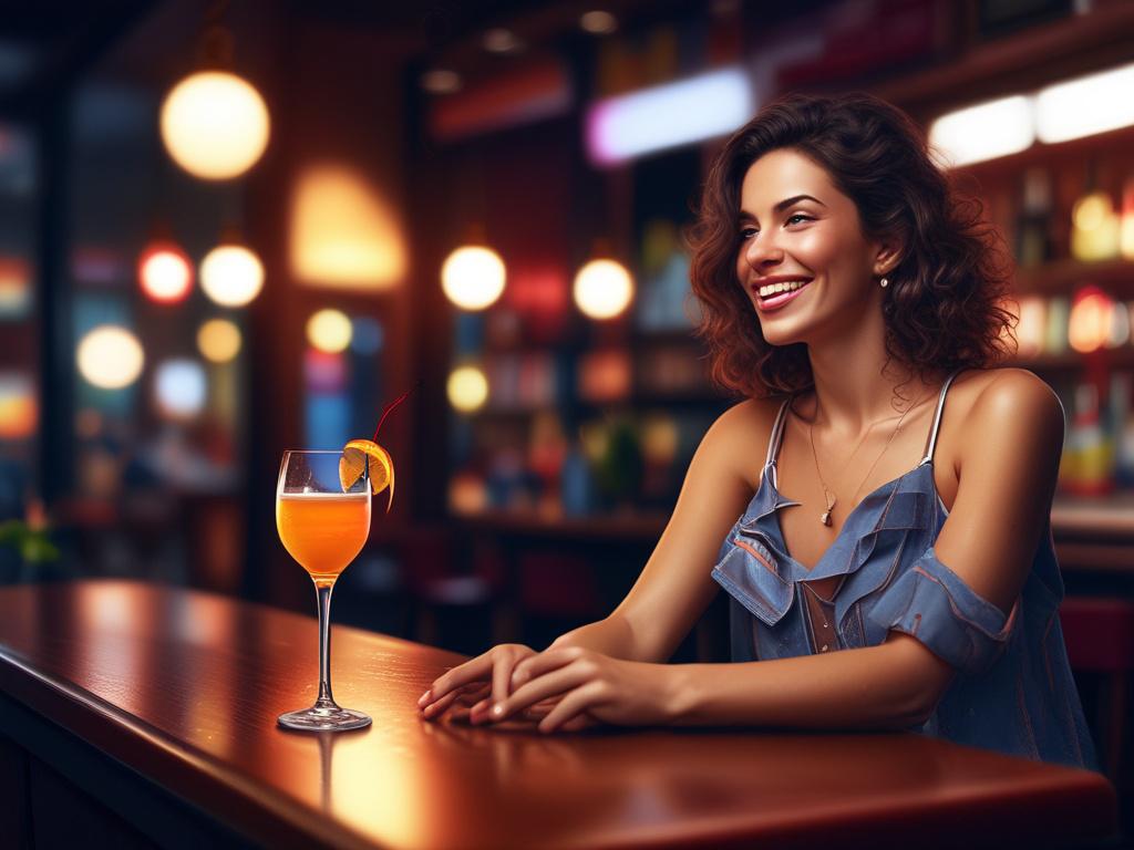 A lively night scene in an upscale bar with a