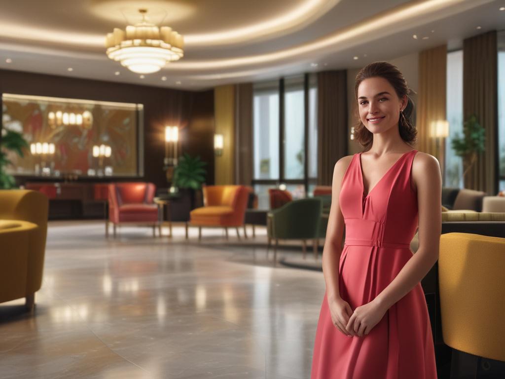 A professional looking woman in an elegant dress, smiling confidently,