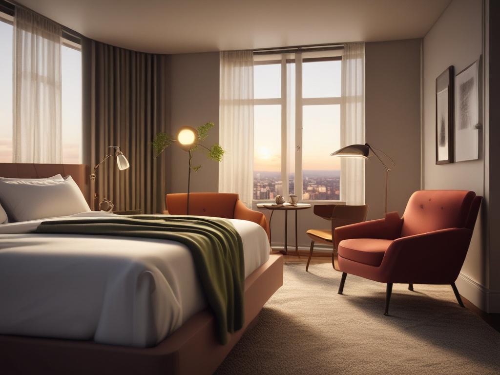 A cozy and intimate hotel room setting, elegantly decorated with