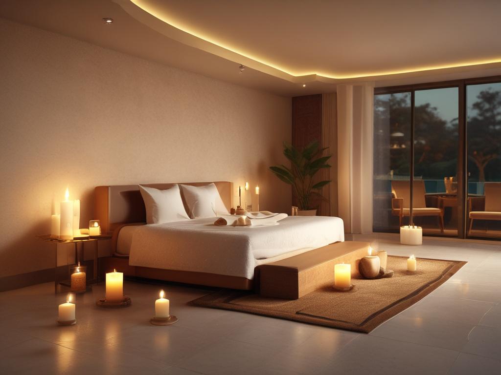 A serene spa setting featuring a beautiful female masseuse preparing