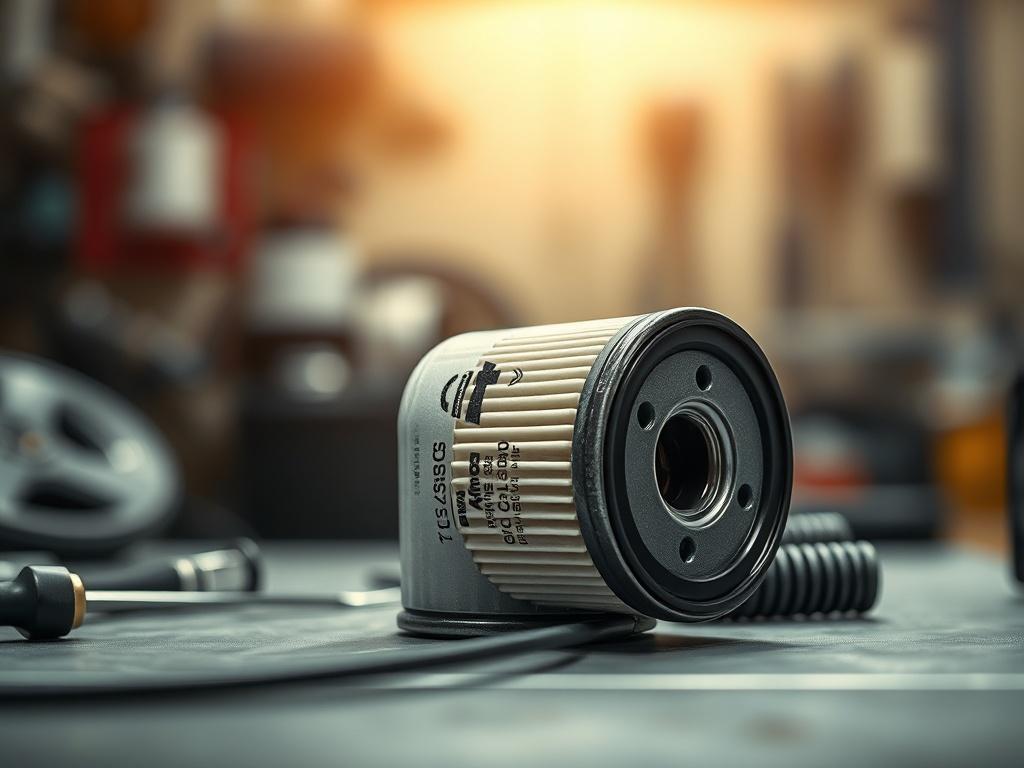 A close-up shot of a clean, new oil filter against a blurred background of a workshop. The filter should be prominently displayed, showcasing its detailed design and texture, with hints of tools and automotive equipment softly blurred in the background, conveying a sense of professional maintenance.