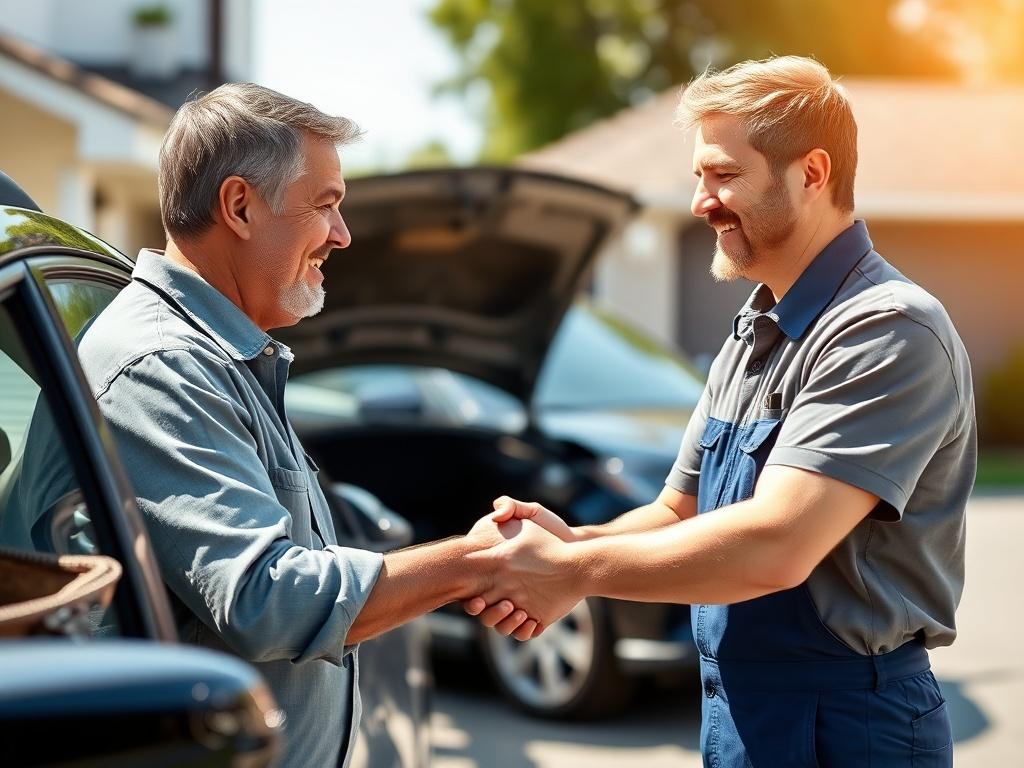 A close-up of a happy customer shaking hands with a mobile mechanic next to their car. The scene is set in a driveway with a bright sunny day. The customer appears relieved and grateful, reflecting the excellent service provided by Evans Auto. The mechanic is smiling, showcasing a friendly and professional demeanor.