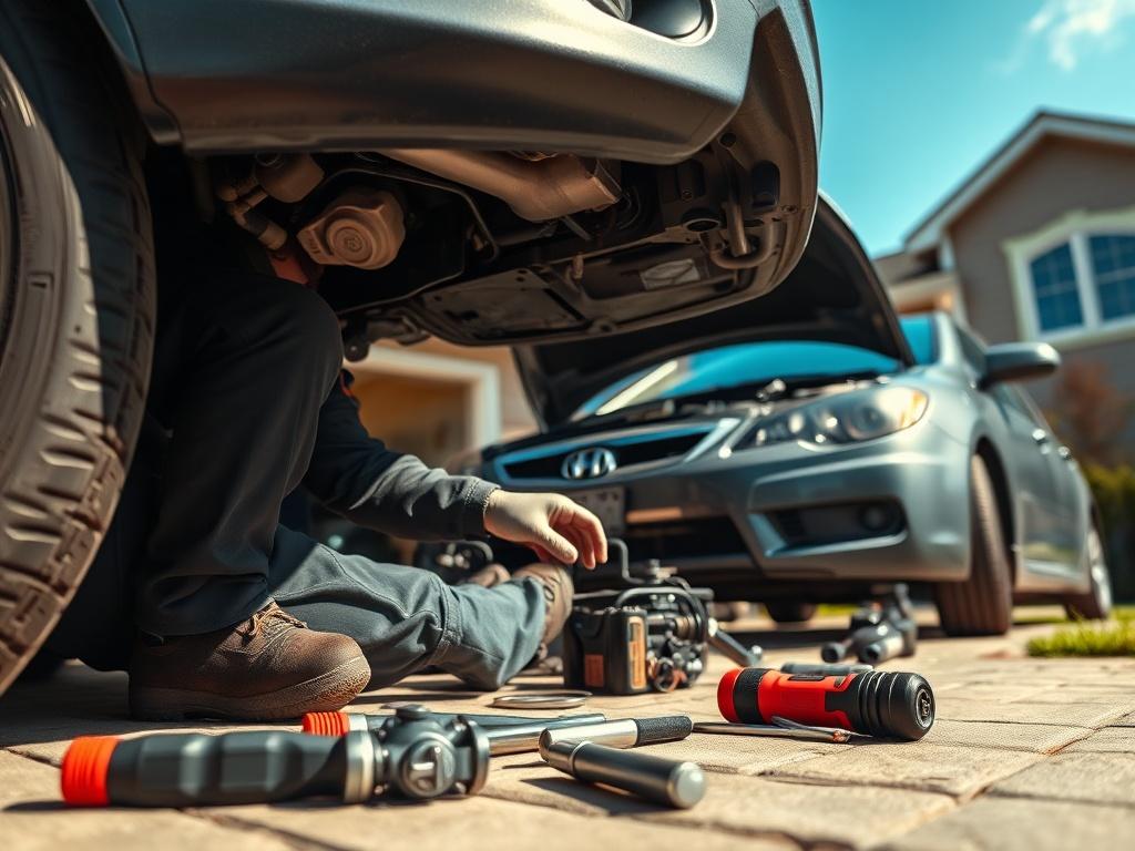 A close-up shot of a mobile mechanic working on a car in a residential driveway. The mechanic is focused on the engine, tools spread out on the ground beside him. The background shows a suburban home and a clear blue sky. The scene captures the essence of mobile maintenance, highlighting the convenience and expertise of Evans Auto's services.