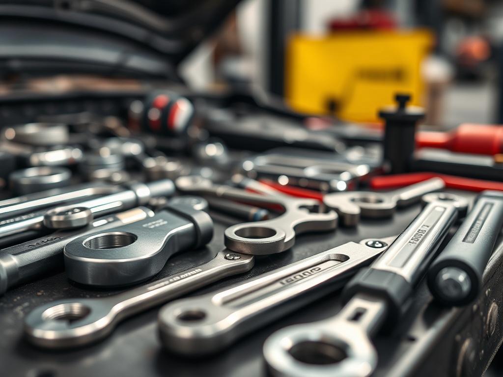 A detailed close-up of high-quality mechanic tools laid out on a workbench. The tools are shiny and organized, showcasing the professionalism of Evans Auto's mobile maintenance services. The background is slightly blurred, emphasizing the tools in the foreground. The image conveys a sense of readiness and precision in automotive repair.