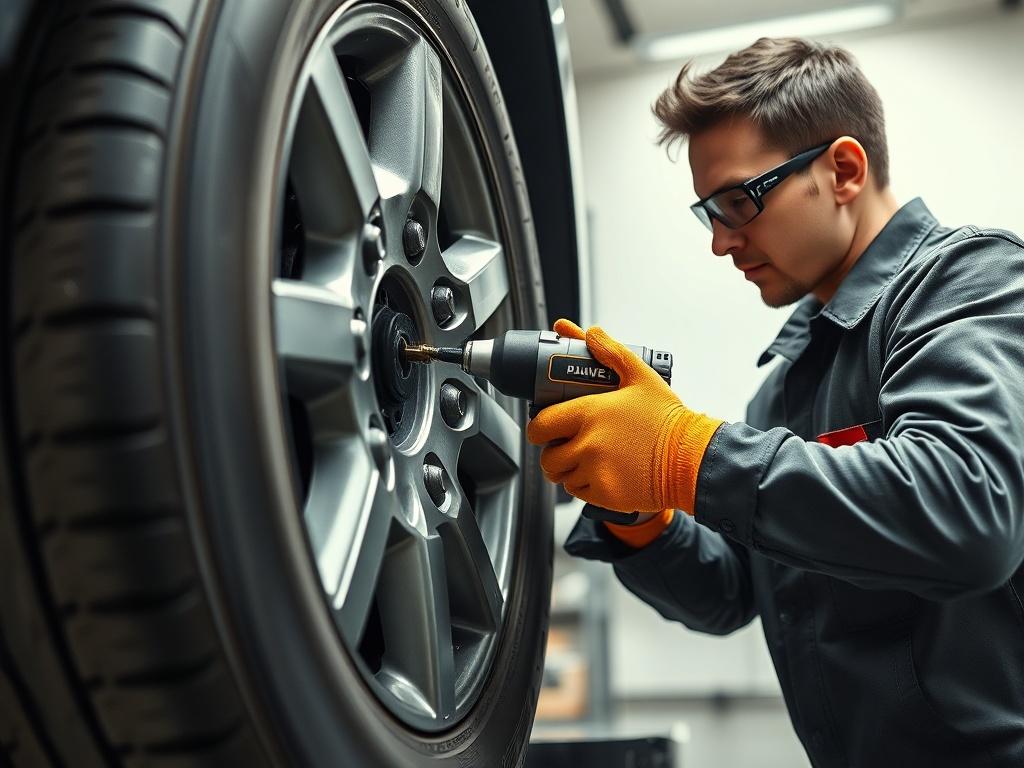 A close-up shot of a mechanic expertly rotating a car tire using a high-quality impact wrench. The mechanic is focused and wearing safety gear, including gloves and goggles, in a well-lit garage setting. The background should be simple and uncluttered, emphasizing the tire and the mechanic's skilled hands. The color palette should be compatible with rgb(50, 170, 39) to match the branding.