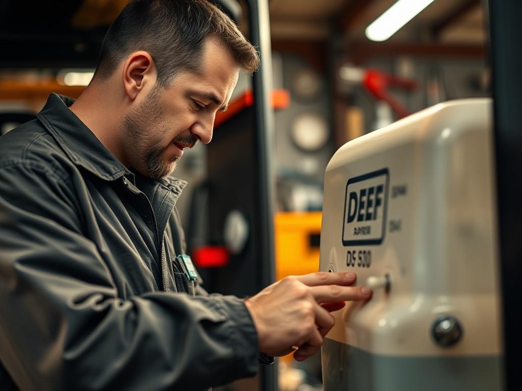 A close-up shot of a technician filling a diesel exhaust fluid (DEF) tank in a truck. The technician wears a uniform and is focused on the task. The background is a blurred workshop environment, showcasing tools and equipment, with a warm, inviting color palette emphasizing the primary color rgb(243, 153, 62). The image captures the details of the DEF tank and the technician's hands, ensuring a hyper-realistic representation.