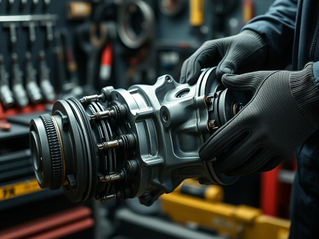 A realistic close-up shot of a transfer case being serviced by a mechanic, with tools in the background. The mechanic's hands are working on the transfer case, highlighting the intricate details and components. The scene is well-lit, showcasing the textures of the metal and the mechanic's gloves. The background should be slightly blurred to emphasize the transfer case as the main subject, shot in hyper-realistic style with a 45mm f/1.2 lens.