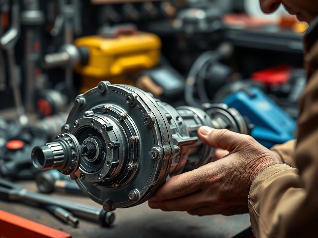 A close-up shot of a mechanic's hands carefully inspecting a car differential assembly. The background is blurred to emphasize the detailed work being done, showcasing tools and parts arranged neatly. The lighting focuses on the differential, highlighting its metallic surfaces and intricate components. The primary color theme should complement the RGB value of (243, 153, 62), creating a vibrant and engaging image.
