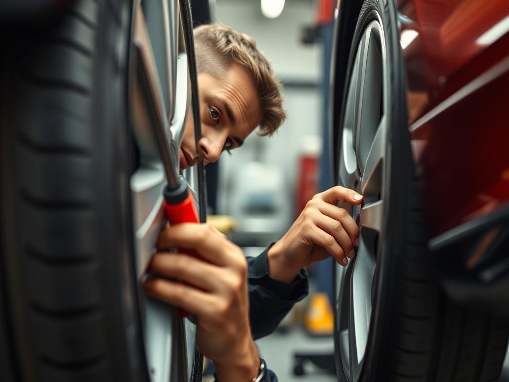 A close-up of a technician inspecting a tire on a car, with tools in hand. The background features a well-maintained garage setting, highlighting the focus on safety and professionalism.