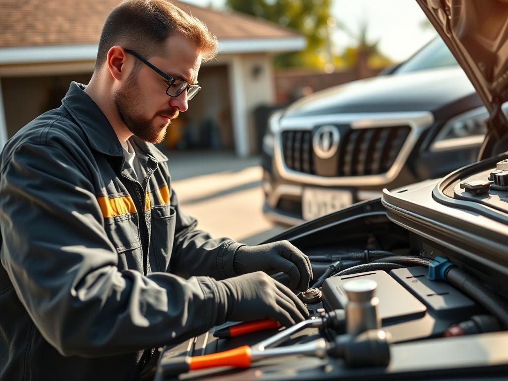 A close-up shot of a mobile mechanic performing an oil change on a car in a driveway, with tools laid out neatly. The setting is bright and sunny, showcasing the vehicle being serviced. Emphasize the mechanic's focused expression and the clean, organized environment.