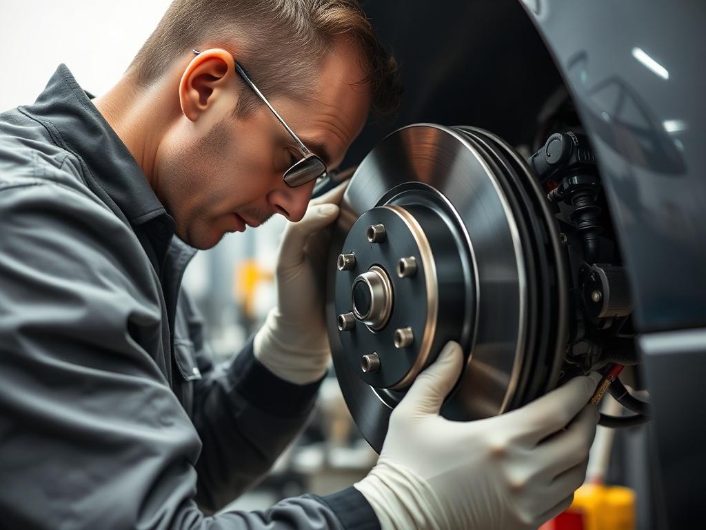 A technician examining a car's brake system, focusing on the brake pads and rotors. The image should capture the meticulous nature of the inspection in a clean, professional workshop environment.
