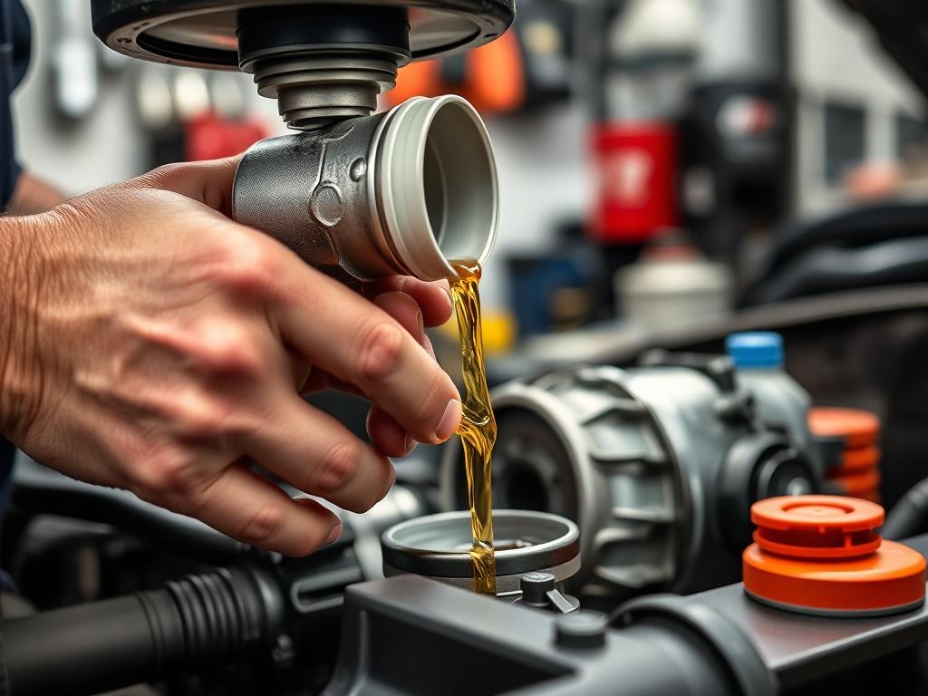 A close-up shot of a mechanic's hands performing a transmission drain and fill on a vehicle. The background should be clean and simple, showcasing tools and a well-organized workspace. The focus should be on the fluid being drained from the transmission pan into a container, with a hint of motion to convey action and professionalism. The image should be rendered in hyper-realistic detail, compatible with the rgb(50, 170, 39) color scheme.