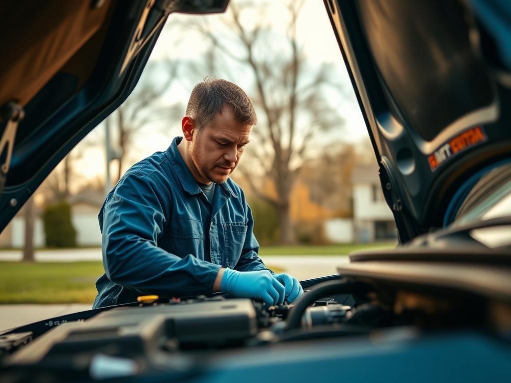 A close-up shot of a mechanic working on a car in a driveway. The mechanic is focused on the engine, wearing a blue uniform and gloves. The background shows a suburban setting with trees and a clear sky. The image should have warm lighting that emphasizes the mechanic's concentration and professionalism, captured with a 45mm f/1.2 lens to create a shallow depth of field, focusing sharply on the mechanic and slightly blurring the surroundings.