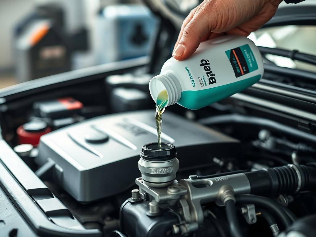 A close-up shot of a mechanic's hand pouring fresh brake fluid into a reservoir under the hood of a car. The background should be blurred to focus on the action, emphasizing the importance of fluid exchange. The image should convey a sense of professionalism and care. The lighting should be bright and natural, highlighting the shiny, clean components of the engine.
