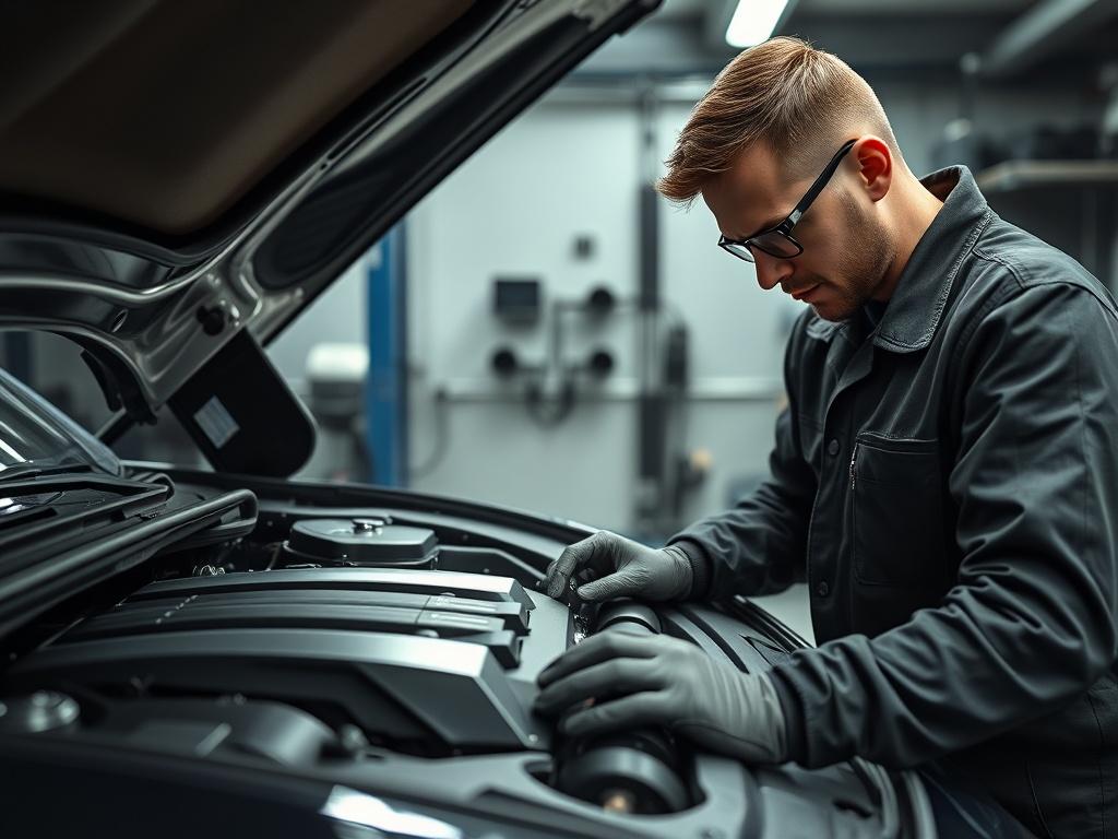 A close-up shot of a mechanic working on a luxury car engine in a mobile workshop, highlighting the sophistication of the vehicle and the mechanic's precision.