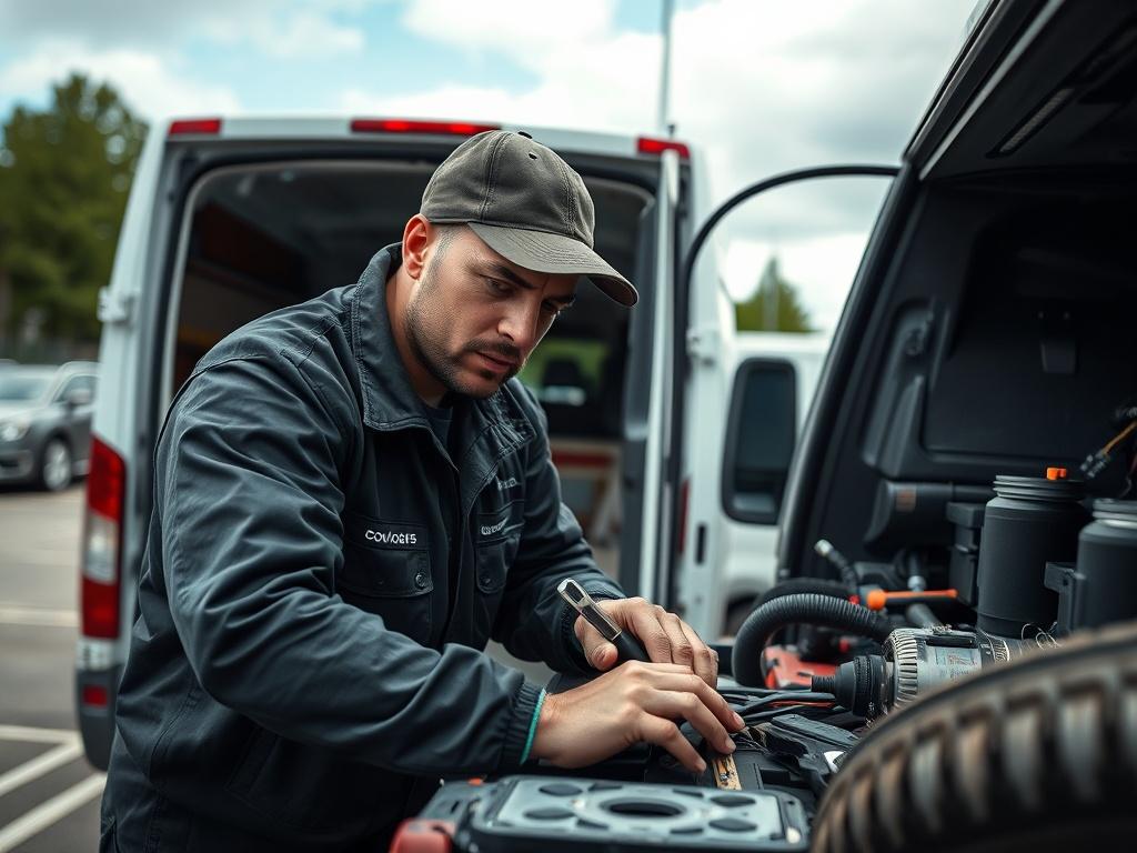 A close-up image of a mobile mechanic working on a delivery van in a parking lot, showcasing tools and a focused expression.