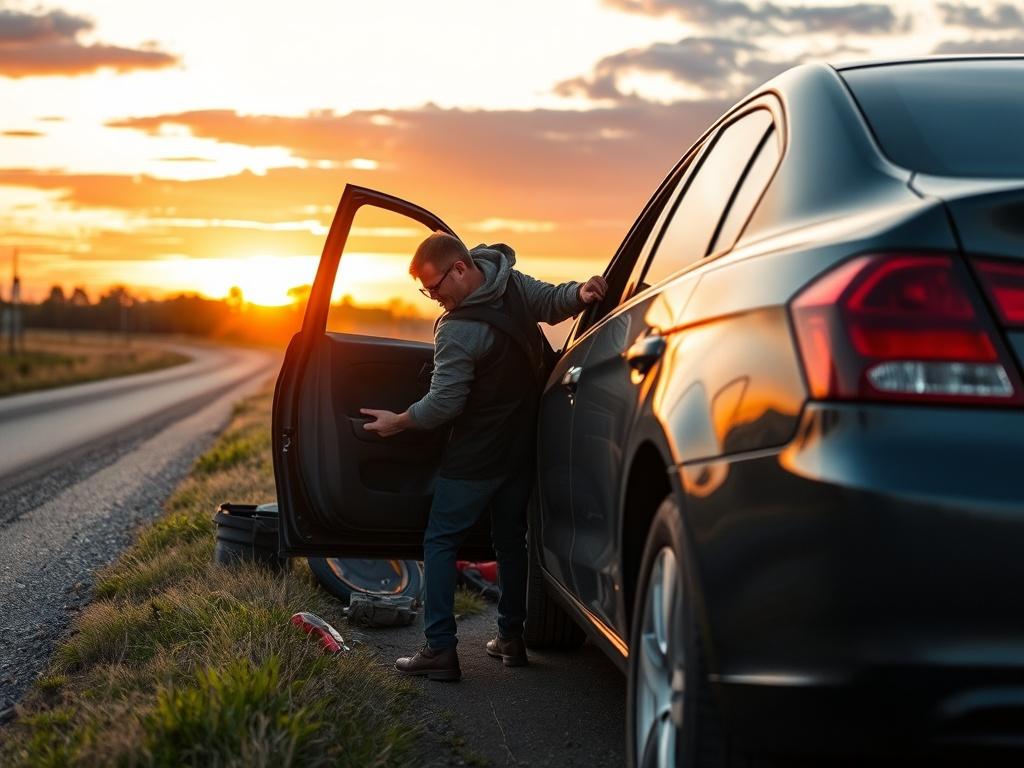 A high-resolution image featuring a mechanic working on a family car on the side of a rural road, with tools visible and a sunset backdrop.