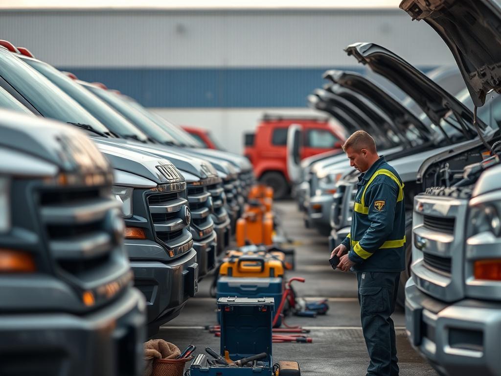 An image capturing a mobile mechanic inspecting a fleet of vehicles parked at a corporate facility, with tools and equipment on display.