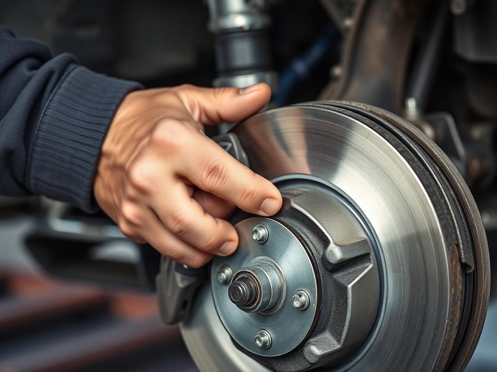 A close-up shot of a mechanic's hands working on a brake system, focusing on the brake pads and rotors. The background is blurred to emphasize the detailed work being done. The scene is well-lit, showcasing the mechanic's precision and the intricate components of the brake system. The colors are vibrant, highlighting the metallic and rubber elements of the brakes, compatible with the rgb(50, 170, 39) primary color.