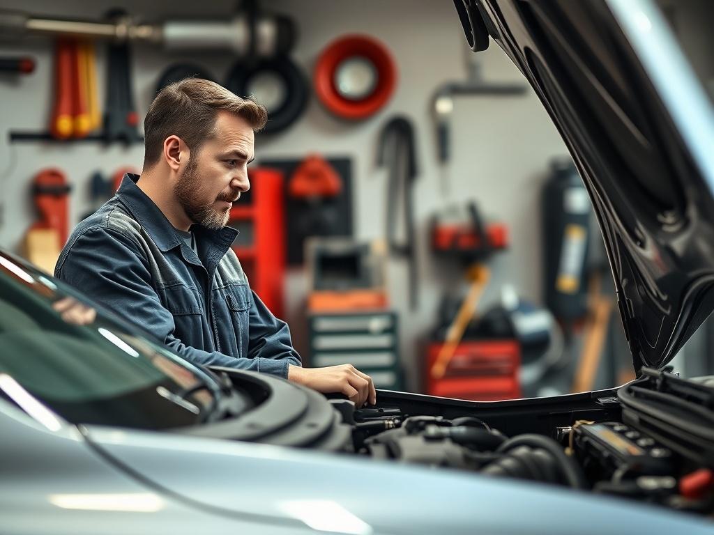 A mechanic discussing vehicle issues with a customer next to a car. The mechanic is pointing at the engine while the customer listens attentively, looking concerned. The setting is a garage with tools and equipment in the background, conveying a professional and friendly atmosphere.