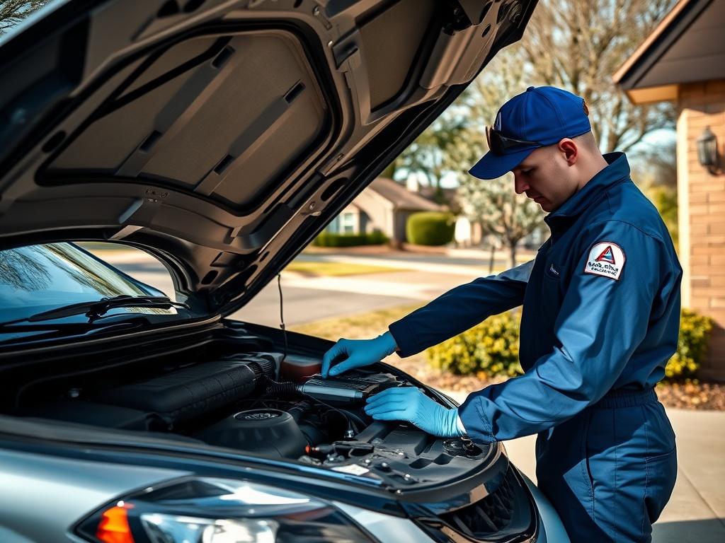 A mobile mechanic working on a car in a driveway, focused on the engine. The mechanic is wearing a blue uniform and using tools, with the car hood open. The background features a suburban neighborhood with trees and houses, and the setting is bright and sunny, creating an inviting atmosphere.