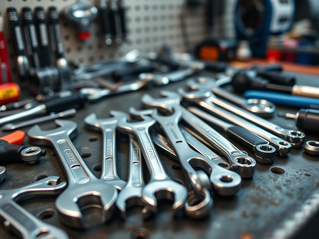 A close-up shot of a neatly organized tool set on a mechanic's workbench. The tools are shiny and well-maintained, showcasing a variety of wrenches, pliers, and screwdrivers. The background is blurred to emphasize the tools, with soft lighting highlighting their metallic surfaces.