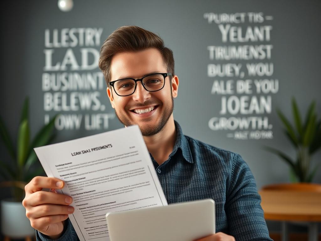 A close-up shot of a small business owner smiling while holding a loan approval document in an inviting office space. The background should have motivational business quotes on the wall, emphasizing success and growth, shot with a 45mm f/1.2 lens.