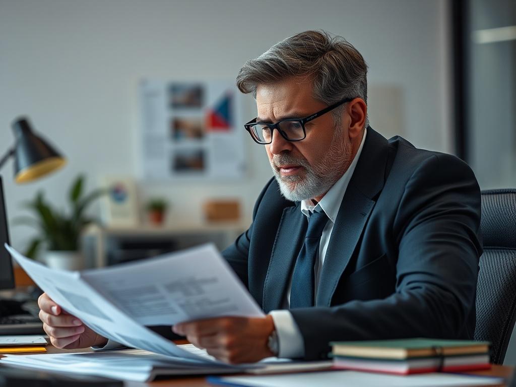 A close-up shot of a business owner reviewing financial documents at a desk, looking confident and determined. The background should be simple with a few blurred office elements, creating a professional atmosphere, shot with a 45mm f/1.2 lens.
