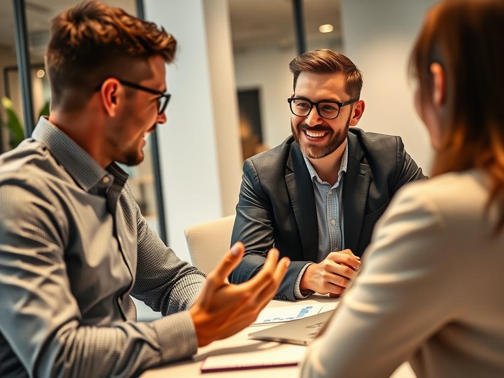 A close-up shot of a business consultant discussing funding options with a client in a modern office setting. The consultant is gesturing towards a laptop screen displaying financial graphs, with a warm and engaging expression, shot with a 45mm f/1.2 lens.