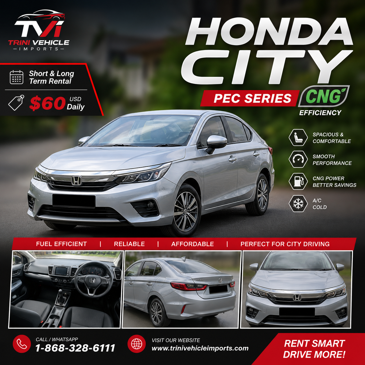 Honda City CNG for rent - CNG SEDAN rental service Trinidad - fuel efficient vehicle rental