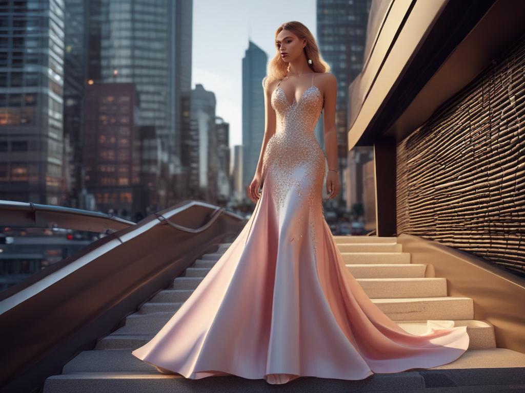 A glamorous ramp model in a stunning evening gown, posing
