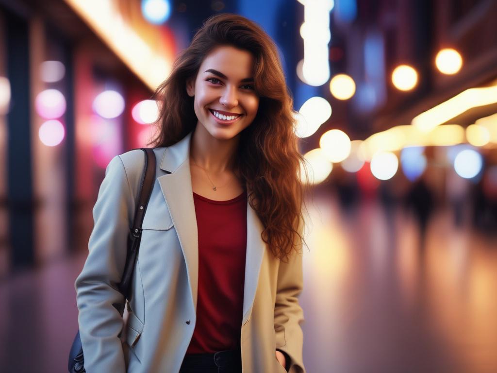 A beautiful young woman in a stylish outfit, smiling and