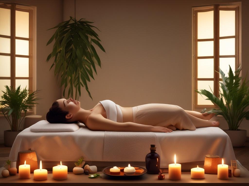 A serene spa setting with soft lighting and calming colors,
