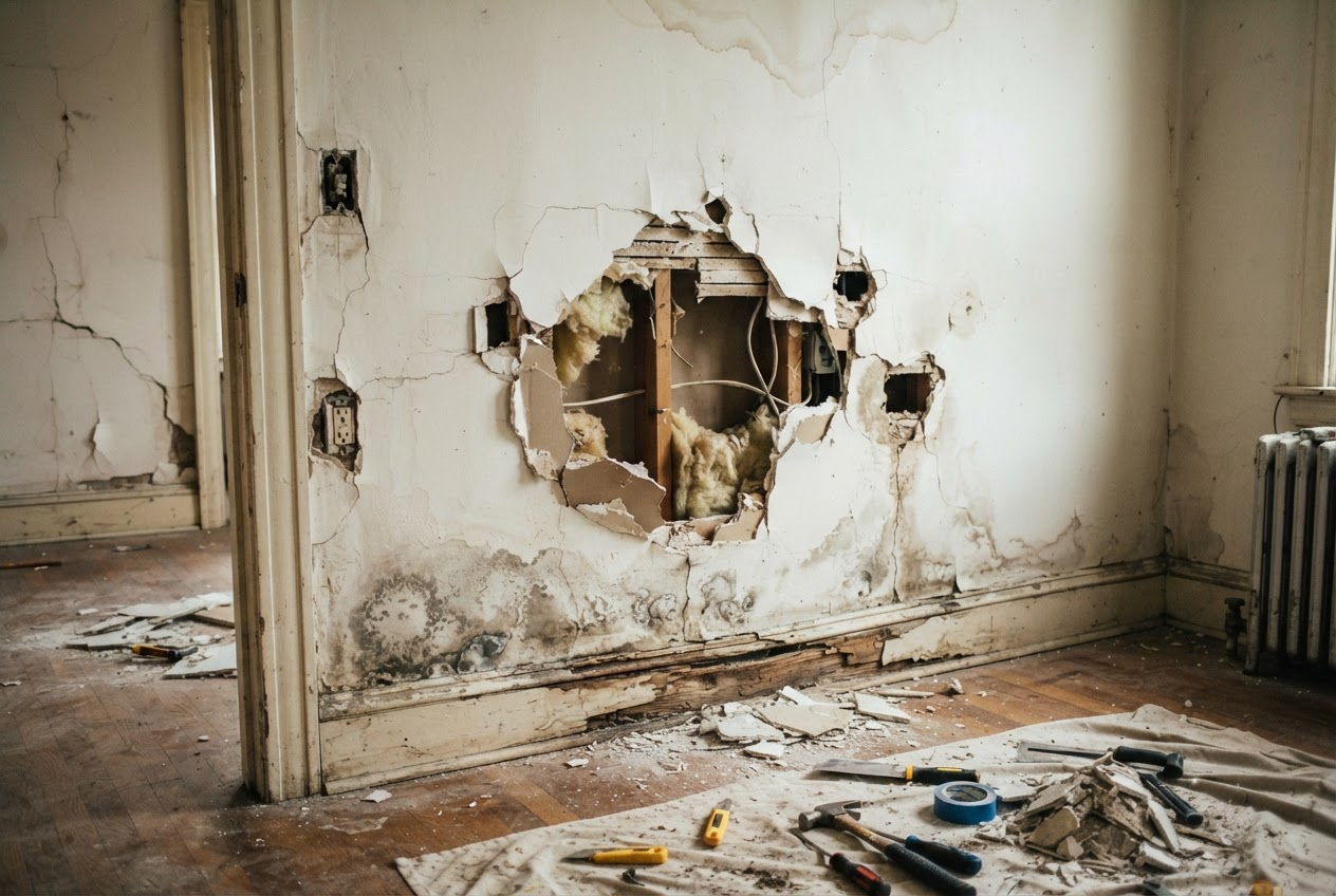 Damaged drywall before repair