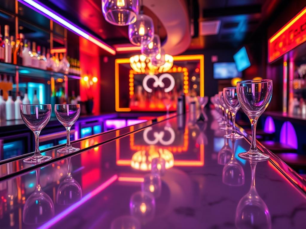 A high-resolution close-up shot of a clean nightclub bar area, showcasing shiny countertops, neatly arranged glassware, and polished floors. The lighting should be soft yet vibrant, emphasizing the cleanliness and welcoming atmosphere of the space. The background should feature subtle hints of nightlife decor, creating an inviting scene while maintaining focus on the spotless bar area. The image should align with the color palette of #1C6220, reflecting the professionalism of the cleaning service.