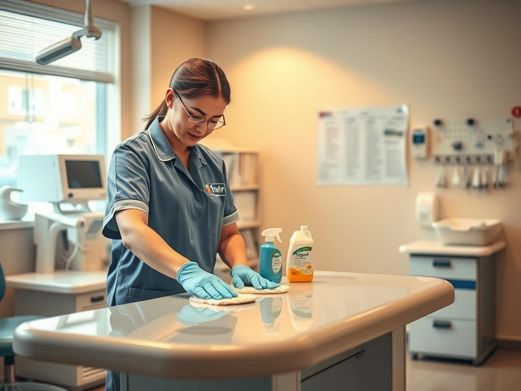 A TruPrep cleaning employee in uniform, diligently cleaning a medical office. The scene shows a bright, sterile environment with medical equipment neatly arranged and a sparkling clean surface. The employee is using professional cleaning supplies, focusing on a desk or examination table. The background features organized medical charts and soft lighting, creating a welcoming and clean atmosphere.
