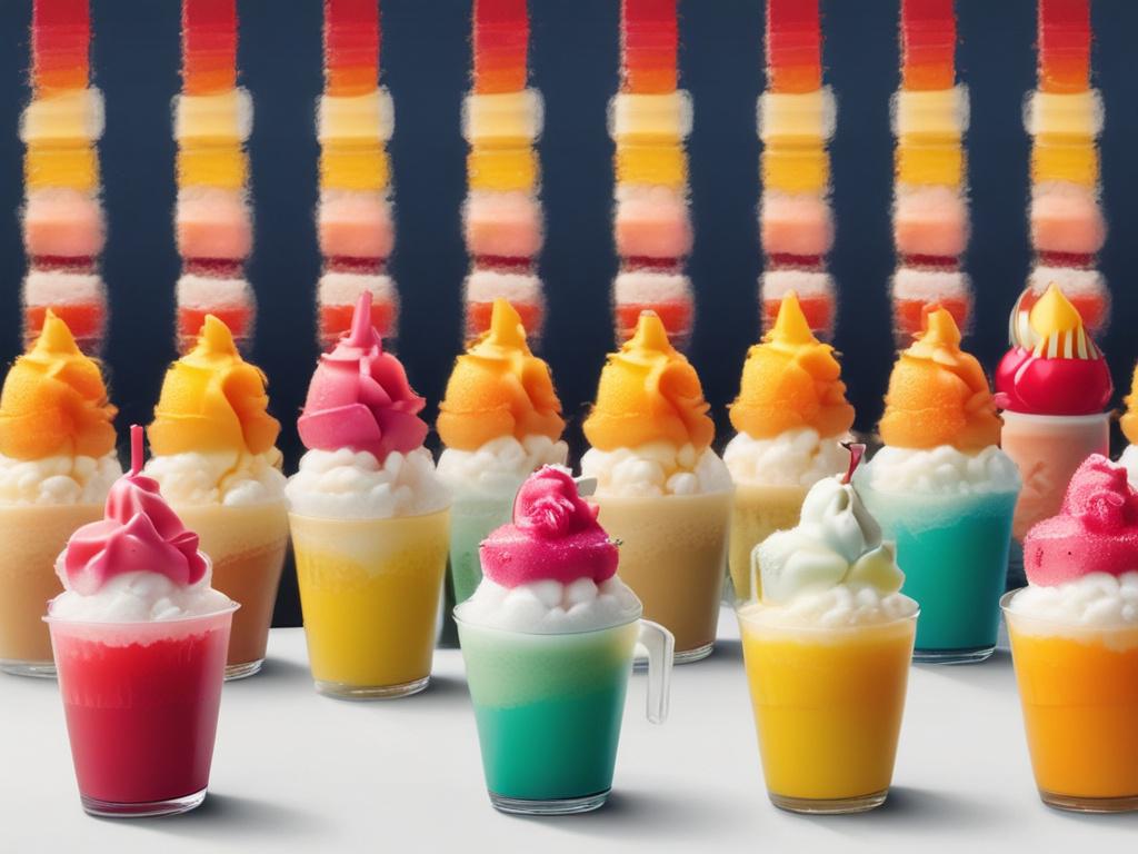 A close-up shot of a vibrant Classic Tropical Shave Ice in a clear cup, topped with colorful syrups in shades of yellow, orange, and white, set against a bright sunny background. The ice should be fluffy and finely shaved, with a few tropical fruits like coconut and mango artistically placed beside the cup for added appeal. The image should be photorealistic with clean lines and bold colors.